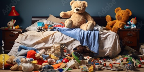 Toys scattered, clothes thrown around, and an unmade bed, representing the joyful untidiness of childhood , concept of Imagination photo