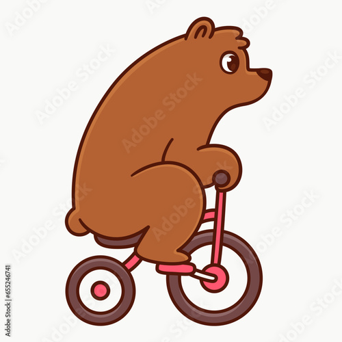 Cute cartoon brown bear riding bicycle.  Simple vector clip art illustration.