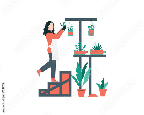 woman with houseplant in the wall and stairs vector green living for sustainable at home  illustration design