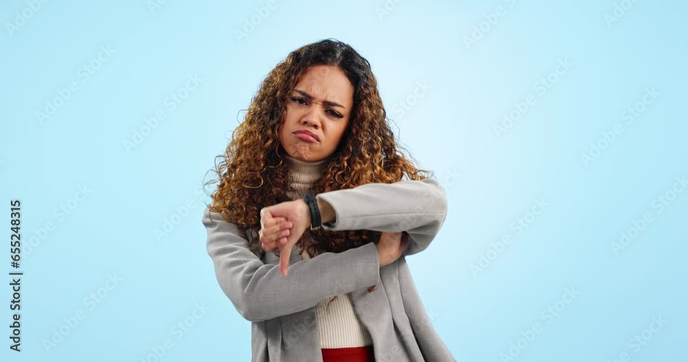 Thumbs down, business woman and face in studio for rejection of bad ...