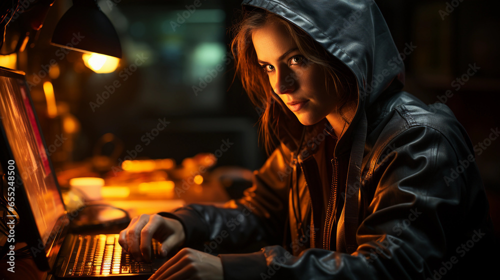 Female hacker, deeloper, programmer in action