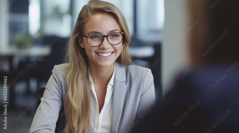 Happy business woman at office meeting. Smiling female hr hiring recruit at job interview - obrazy, fototapety, plakaty 