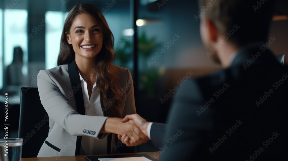 Happy business woman at office meeting. Smiling female hr hiring recruit at job interview Happy business woman at office meeting. Smiling female hr hiring recruit at job interview