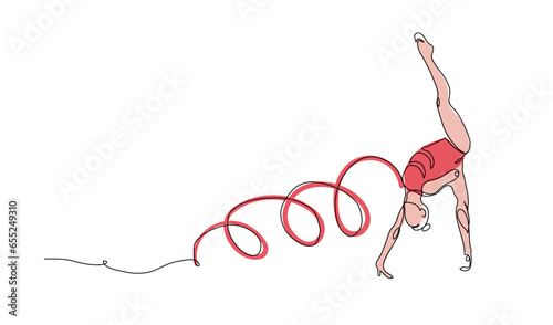 Rhythmic gymnastics. Woman with ribbon. One continuous line art drawing of rhythmic gymnastics