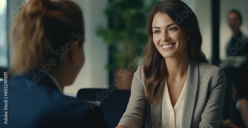 Happy business woman at office meeting. Smiling female hr hiring recruit at job interview