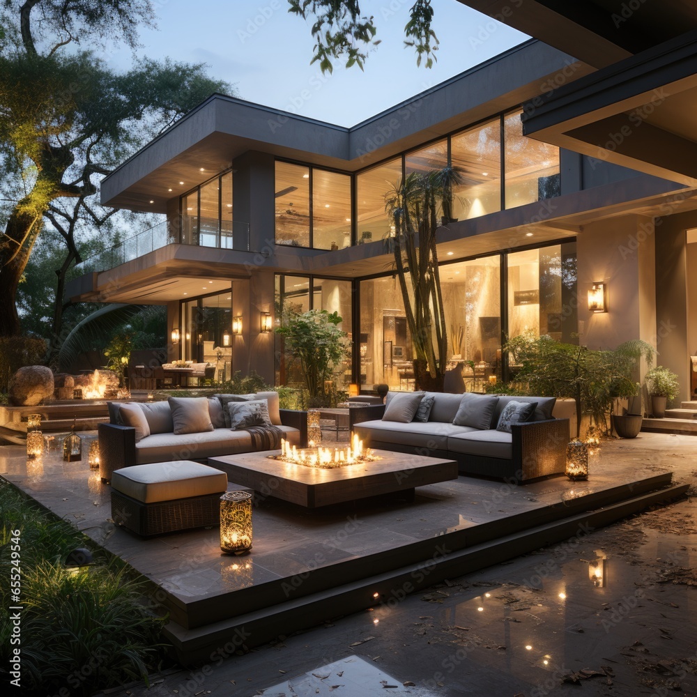 Modern high-tech country house, backyard with outdoor furniture and large fire pit, swimming pool, evening time, night lighting, rich life, villa. - obrazy, fototapety, plakaty 