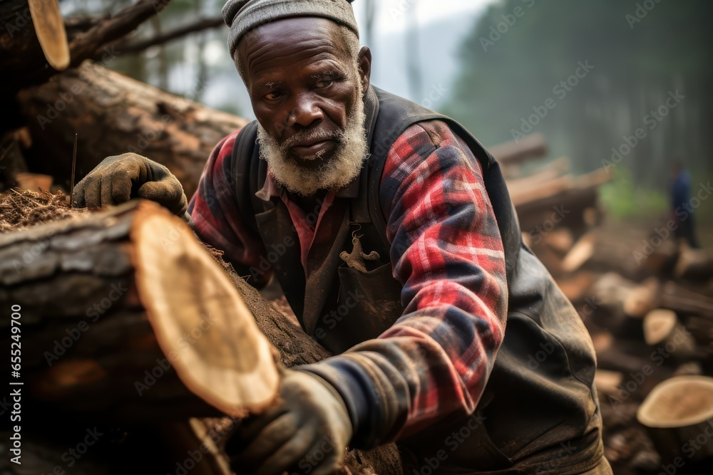 A middle-aged lumberjack works at a logging site A middle-aged lumberjack works at a logging site