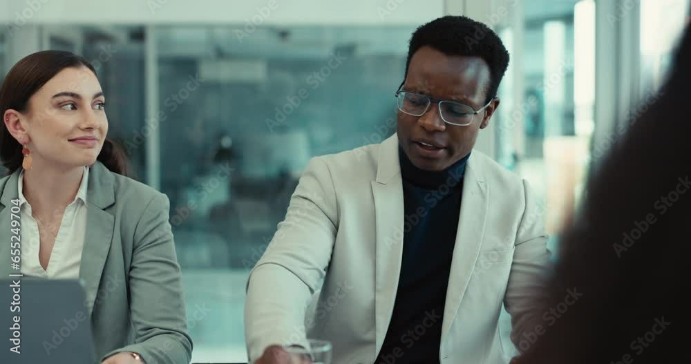 Business people, black man and meeting with leader, partnership or drinking water with brainstorming. African person, manager or employees with startup, ideas or teamwork with conversation or liquid Business people, black man and meeting with leader, partnership or drinking water with brainstorming. African person, manager or employees with startup, ideas or teamwork with conversation or liquid