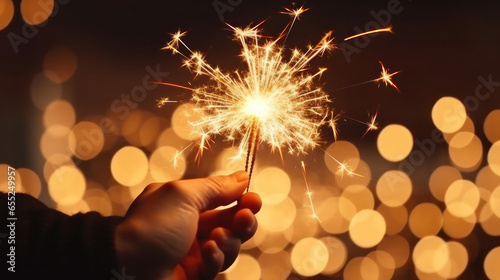A hand holds a burning sparkler against a bokeh background on a New Year's Eve.