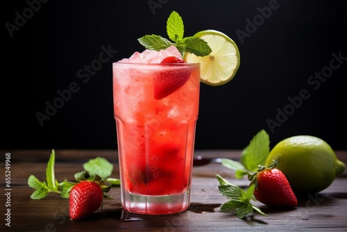 Image of a refreshing cocktail made with strawberries and basil, garnished with lime wedges, placed on a table. Generative AI