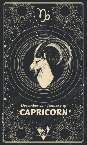 Capricorn zodiac sign, modern astrology card with horoscope symbols, sun, moon and stars, vintage illustration on black mystical background, vector template for stories.