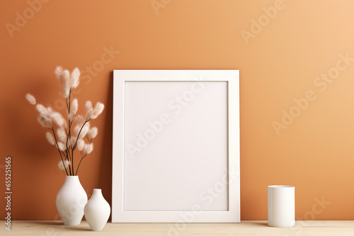 Blank picture vertical frame mockup on a warm orange color wall, boho style, modern, minimalist