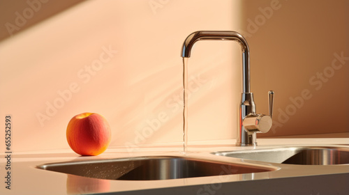 A peach sink  with a chrome faucet and a soap dispenser