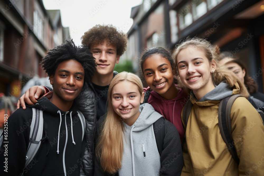 Students at the school yard, a multi-ethnic assembly of teenagers,diversity in education Students at the school yard, a multi-ethnic assembly of teenagers,diversity in education