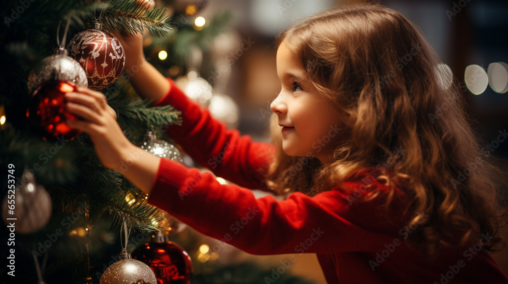 Little girl decorating lights on christmas tree in background, Generative ai Little girl decorating lights on christmas tree in background, Generative ai