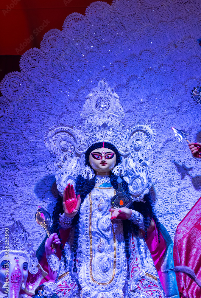 Fototapeta premium Subho mahalya, An idol of Goddess Durga decorated in Pandal. Durga Puja is biggest religious festival of Hinduism and for bengalis and is now celebrated worldwide.