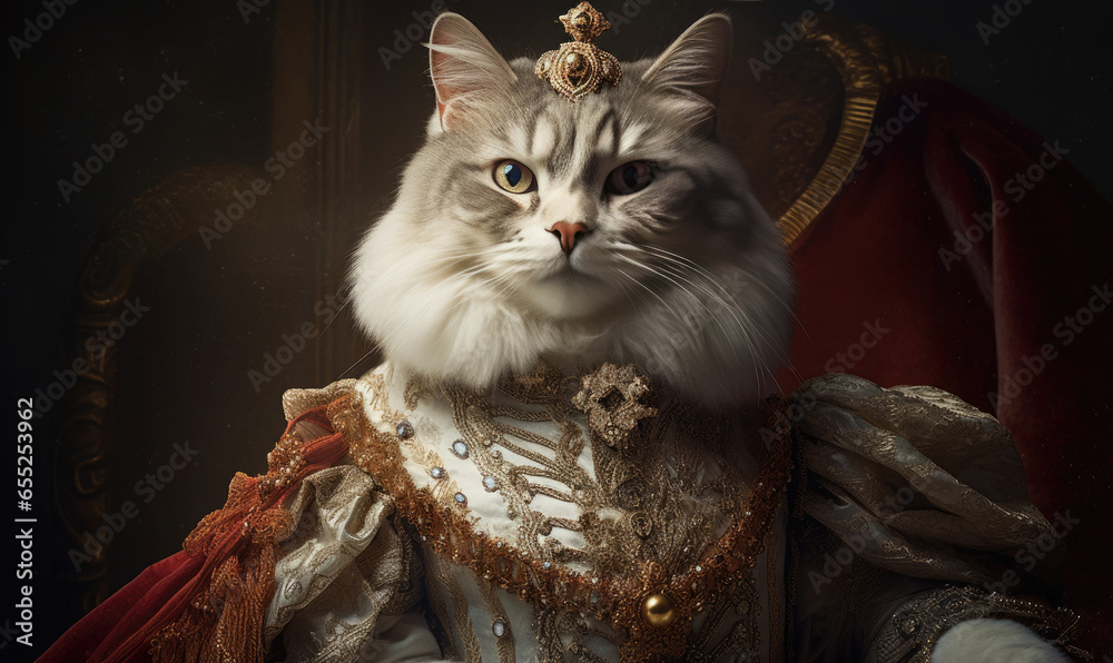 Whimsical image of a cat in royal attire. Whimsical image of a cat in royal attire.