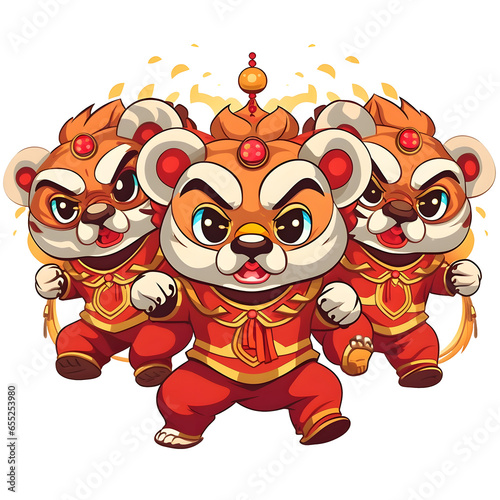 cartoon clipart of Chinese lion dance competition, asian themed clipart, transparent background, isolated on transparent background photo