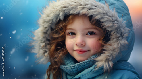 Portrait of a little girl in winter having fun