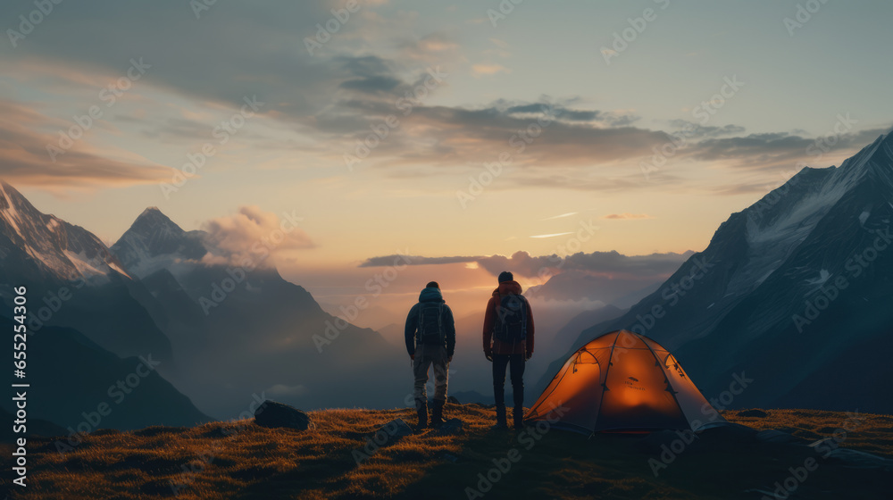 Zwei Bergsteiger stehen im Sonnenaufgang vor ihrem Zelt in imposantem Bergpanorama