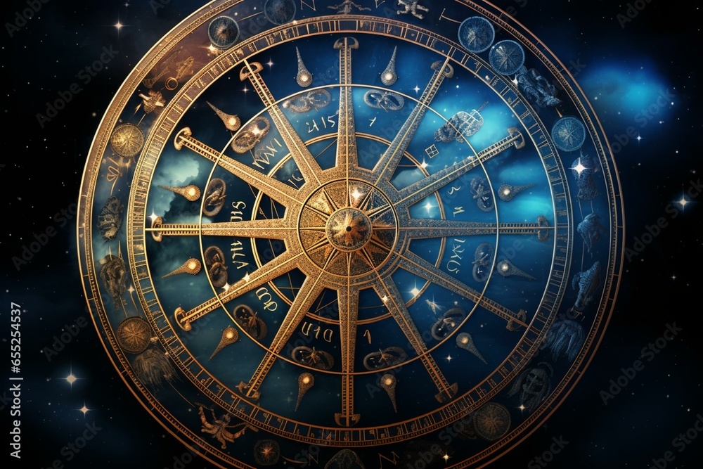 Zodiac wheel with Aquarius star sign & stars. Generative AI