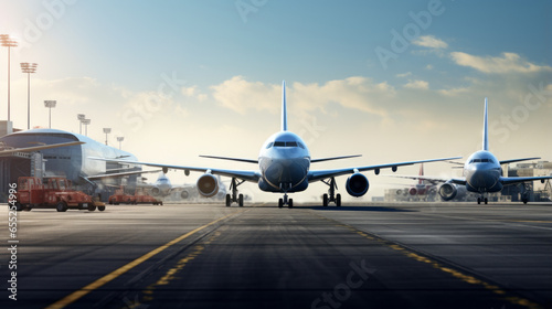 A photo of a commercial airport with planes taking off and landing photo