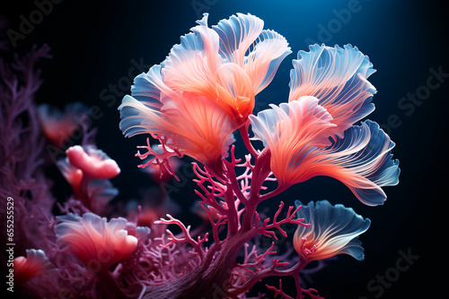 close up of a beautiful red tropical coral reef deep under the sea
