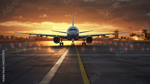 A photo of a commercial airport with planes taking off and landing photo