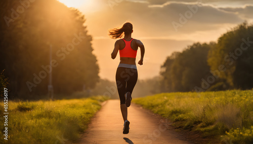 Young fitness woman running at sunrise in the nature. Healthy lifestyle.