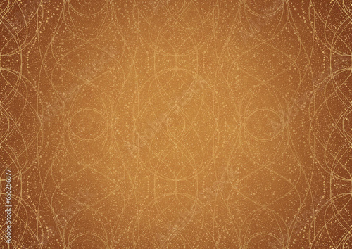 Hand-drawn unique abstract ornament. Golden splatters and light yellow on a darker yellow background and vignette in golden glitter on a darker background color. Paper texture. A4. (pattern: p10-2b) © Maria