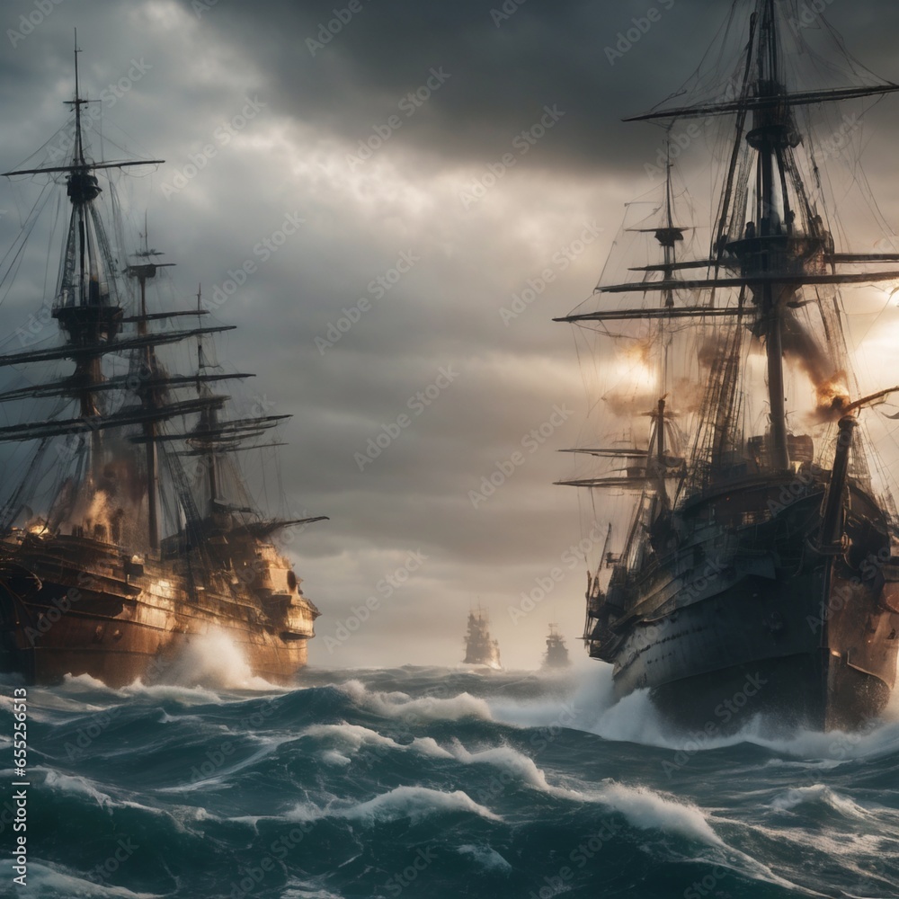 ship in the sea, war ships, battle of ships in sea, war scene of ships