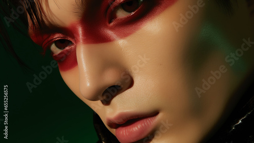 A man with color makeup on his eyes. A man wearing makeup for a photo shoot. Male stage makeup. Men   s grooming. Mens cosmetics photo  beauty industry advertising photo.