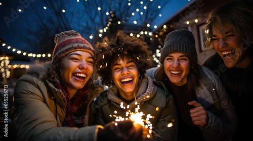 Multiracial group of friends smiling holding sparklers outdoors on christmas season. Generative AI.