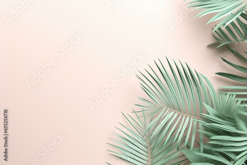 Palm leaves on pastel background. Botanical shadow wall. Trendy frame  cover  card  postcard. 3D render. Generative AI
