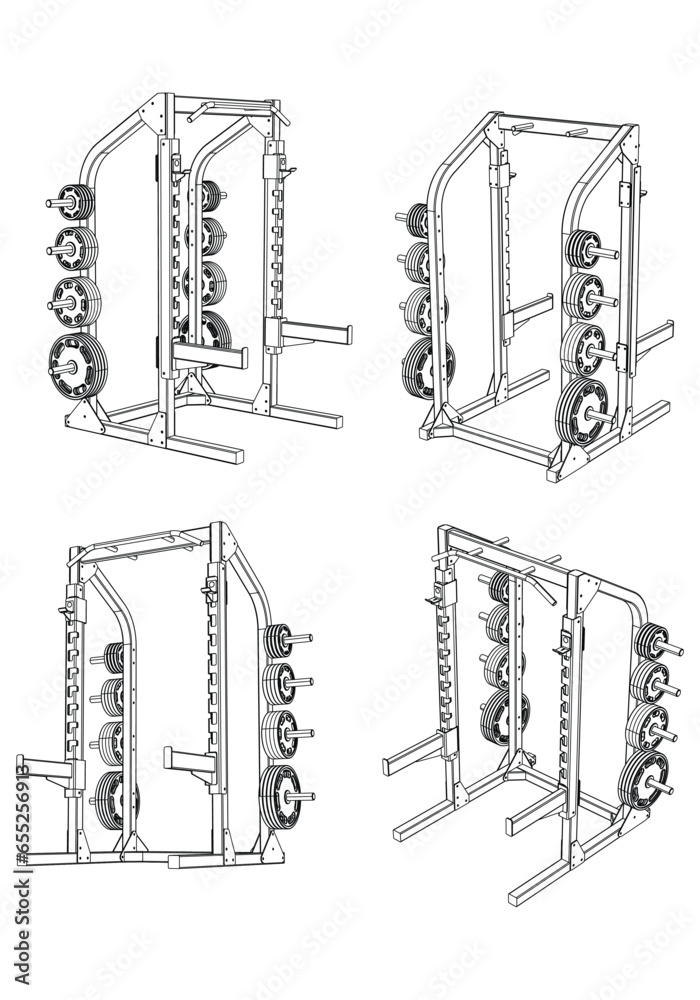 Smith Machine. Gym equipment on white background vector illustration. Different fitness equipment for muscle building. Workout and training concept.