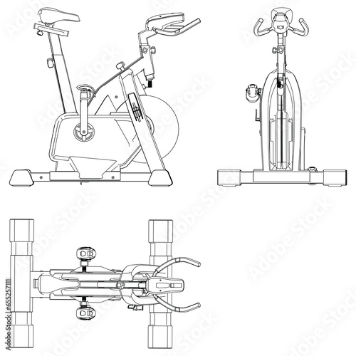 Spin bike isolated on white background. Fitness, cardio, and muscle building machines. Exercise and gym concept. Vector illustration.