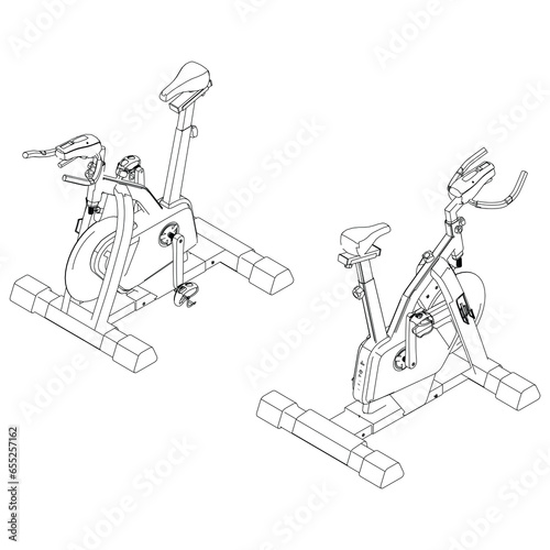 Spin bike isolated on white background. Fitness, cardio, and muscle building machines. Exercise and gym concept. Vector illustration.