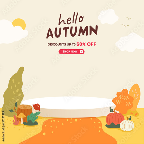 hello autumn podium sale banner illustration, vector, shopping, flash sale and big sale