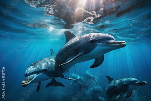 A group of dolphins emerges to play in the middle of the sea.