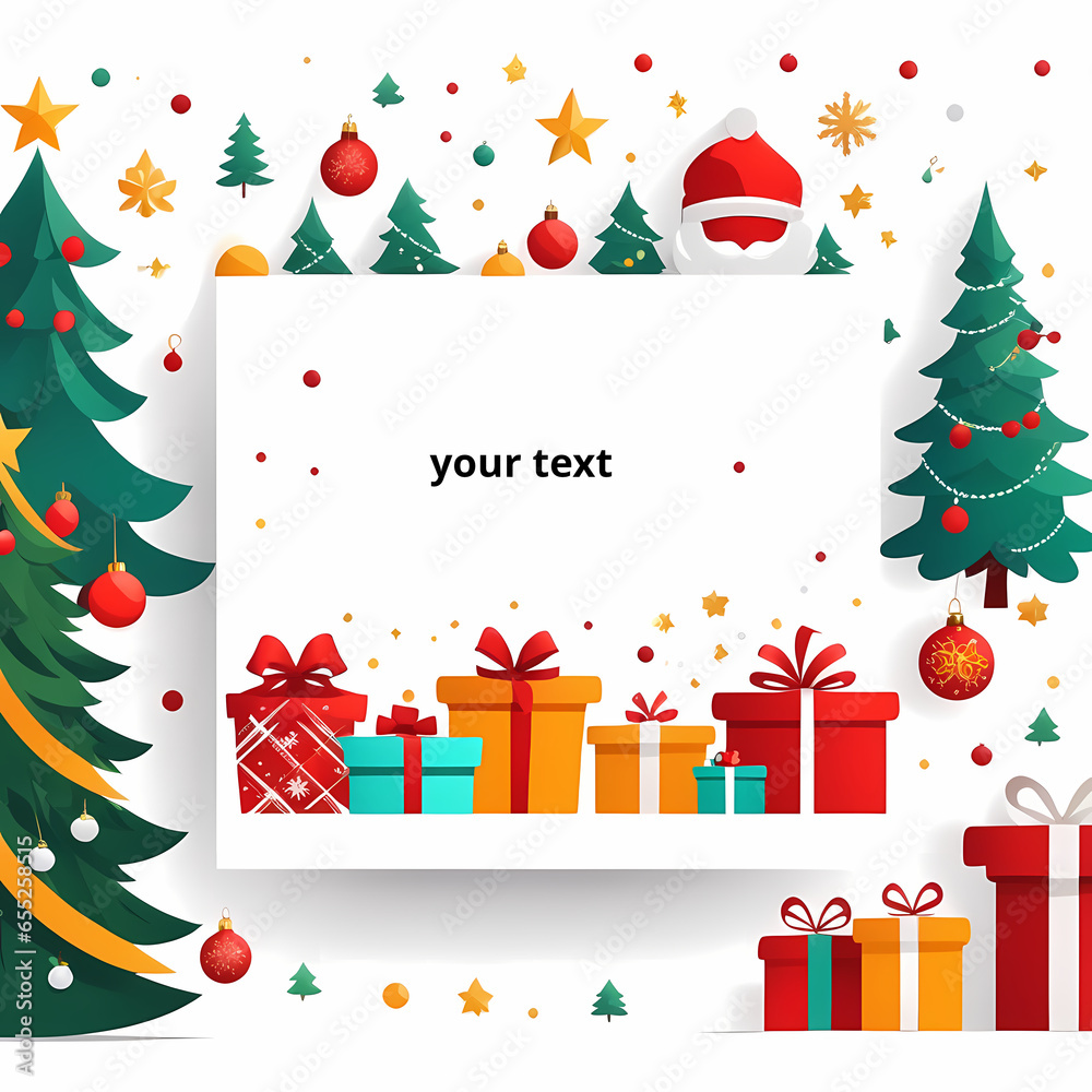 Christmas card with a blank message, colorful gifts and Christmas trees, Santa claus, white background.