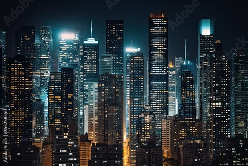 Bright skyscrapers illuminate the modern city skyline at night photo
