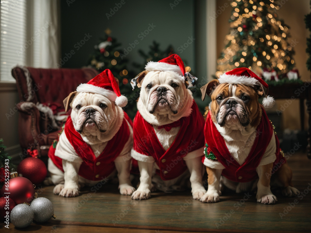 Bulldogs in Adorable Christmas Costumes with Holiday-themed Props - Generative AI