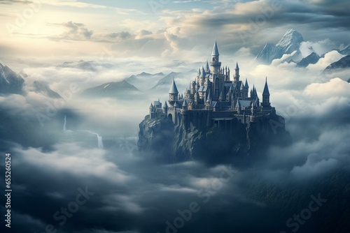 Magical citadel floating amid misty skies. Generative AI © Michael