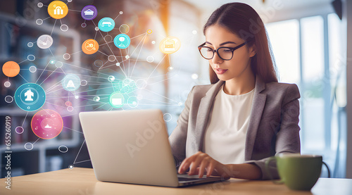 Businesswoman using a laptop computer and with a cup of coffee on the table. Modern concept of technology and networking. Software development tool. API application programming interface. Help of AI photo