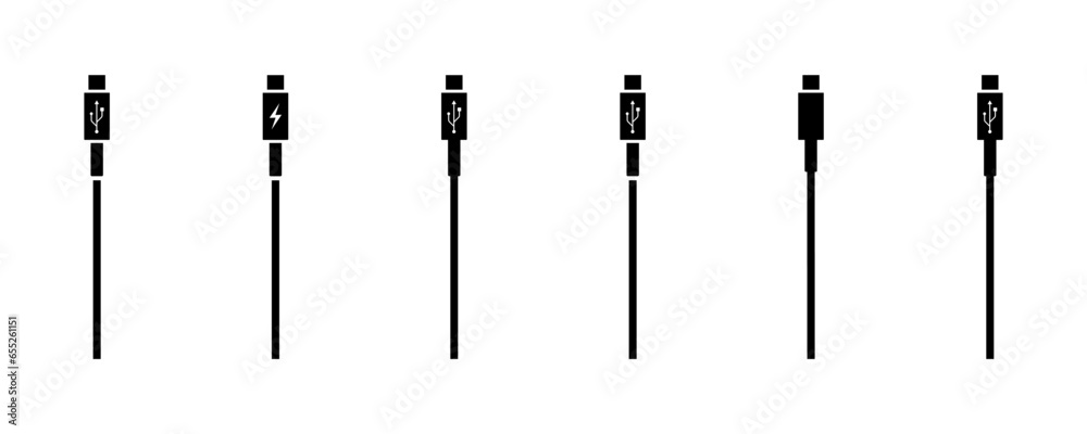 Set of charging cables for smartphone. Cord for charge battery on phone. Vector 10 Eps. - obrazy, fototapety, plakaty 