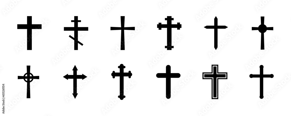 Set of black christian cross vector icons. Religion cross. Symbol faith. Vector 10 Eps.