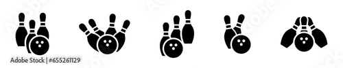 Set of bowling vector icons. Ball and pin. Skittles with ball. Vector 10 Eps.