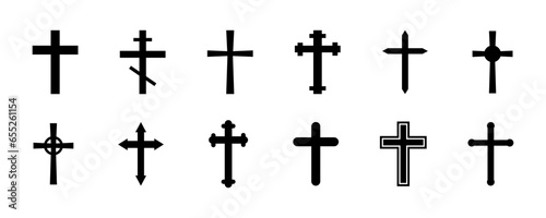Fotografia Set of black christian cross vector icons