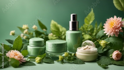 An eco-friendly natural cosmetics. Organic products and wild herbs and flowers, green leaves. The line features organic facial skincare, makeup and skin care cosmetic items. green background.