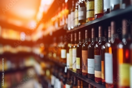Blur wine bottles on liquor alcohol shelves in supermarket store background. , Copyspace ,Generative AI. photo